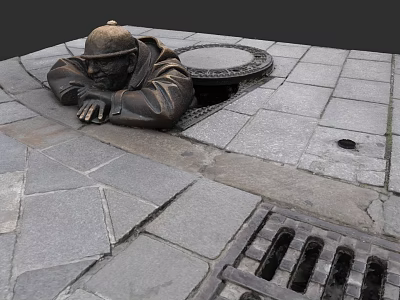 Landscape Sculpture of Man in Hard Hat Reclining on Paved Ground Near Sewer Cover 3d model