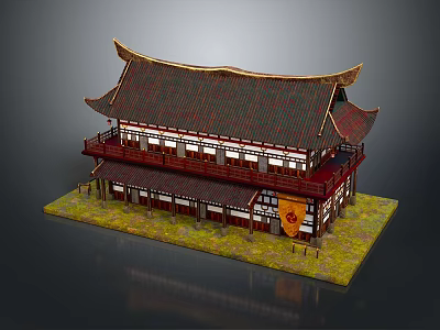Traditional East Asian Multi Story Building With Red Walls Curved Eaves And Dark Tiled Roof 3d model