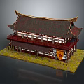 Traditional East Asian Multi Story Building With Red Walls Curved Eaves And Dark Tiled Roof