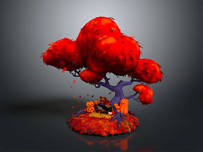Vibrant Red Tree with Fluffy Red Leaves and Small Animals on Decorative Red Leaf Base 3d model
