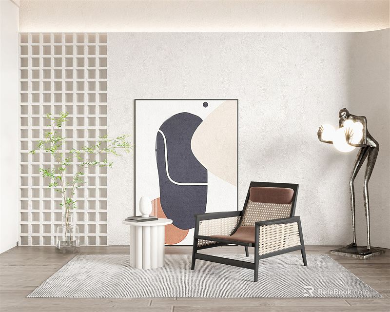 Modern Rattan Accent Leisure Chair In Living Room With Floor Lamp And Abstract Art 3d model 
