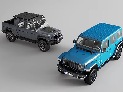 Two Gray and Blue Off Road SUVs Featuring Rugged Design and Sturdy Build 3d model
