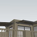 Brown Awnings Installed On Building Exterior Balcony With Railing And Windows Under Blue Sky