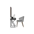 Dark Dressing Table With Mirror Table Lamp Gray Chair And Decorative Items