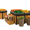 Wooden Display Shelves With Metal Frames Holding Fresh Fruits And Vegetables In Baskets