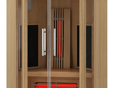 Modern Wooden Sauna Room With Glass Door And Red Heating Panels 3d model