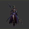 Fantasy Female Elf Character In Ornate Purple Blue Armor With Spear And Staff