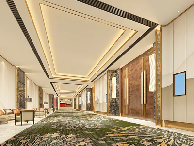 Elegant Hotel Public Lounge Area With Decorative Ceiling Lighting Patterned Carpet And Comfortable Seating 3d model