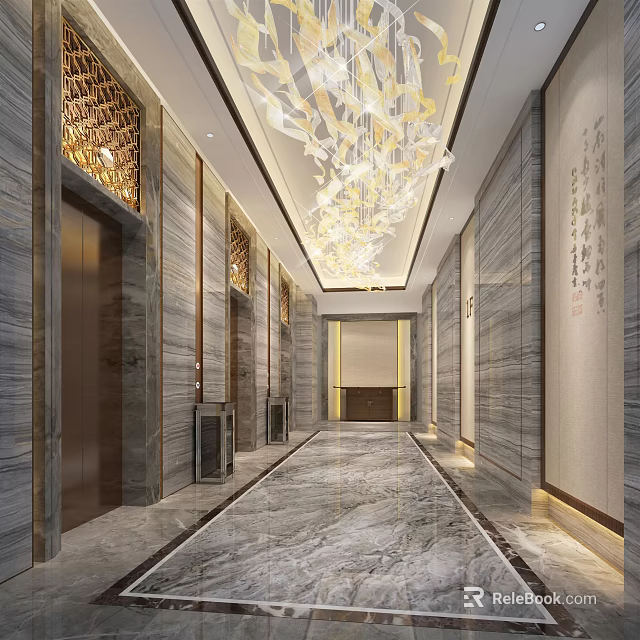 Modern Elevator Lobby With Marble Walls Crystal Chandelier And Decorative Elements 3d model