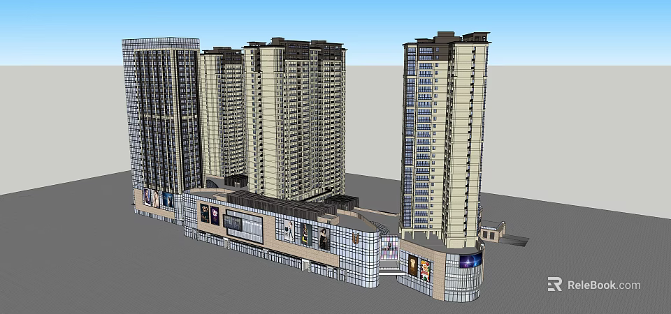 Modern High Rise Residential Building With Commercial Podium And Glass Curtain Wall 3d model 