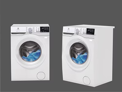 Two Modern White Washing Machines With Digital Display Transparent Door And Blue Clothes Inside 3d model