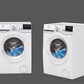 Two Modern White Washing Machines With Digital Display Transparent Door And Blue Clothes Inside