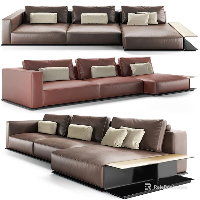 Modern Leather Sectional Sofa With Multiple Cushions And Wooden Side Table 3d model