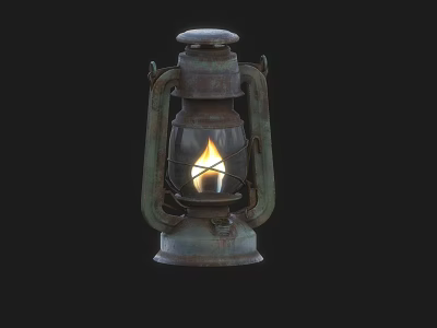 Industrial Equipment Vintage Kerosene Lamp With Metal Frame Glass Shade And Burning Flame 3d model