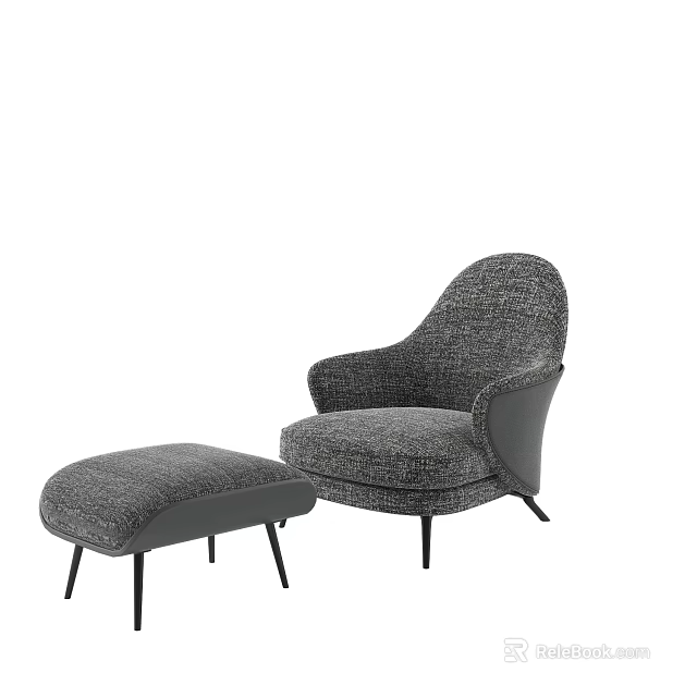 Modern Gray Fabric Accent Chair with Curved Backrest Ottoman Black Metal Legs 3d model 