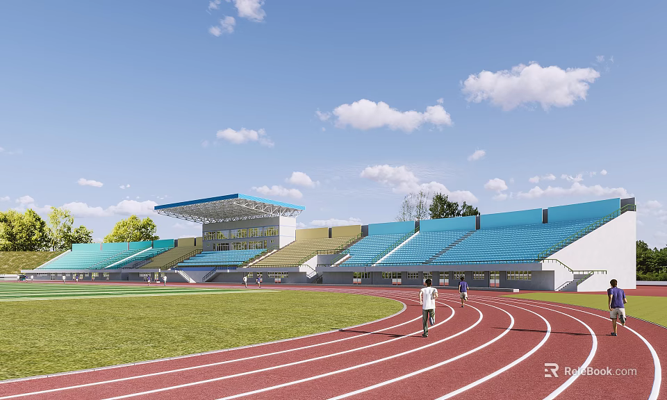 Outdoor Stadium With Red Running Track Green Lawn And Blue Spectator Stands 3d model 