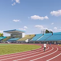 Outdoor Stadium With Red Running Track Green Lawn And Blue Spectator Stands