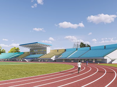 Outdoor Stadium With Red Running Track Green Lawn And Blue Spectator Stands 3d model