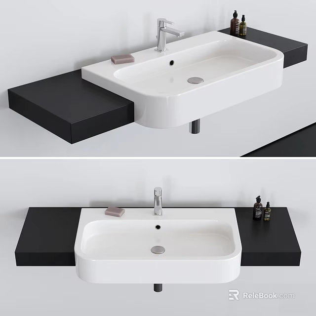 Modern Bathroom White Washbasin on Black Countertop with Faucet and Toiletry Bottles 3d model 