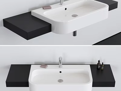 Modern Bathroom White Washbasin on Black Countertop with Faucet and Toiletry Bottles 3d model