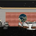 Elegant Modern Private Dining Room Interior With Circular Wall Decor Dining Table And Sofa Seating 3d model
