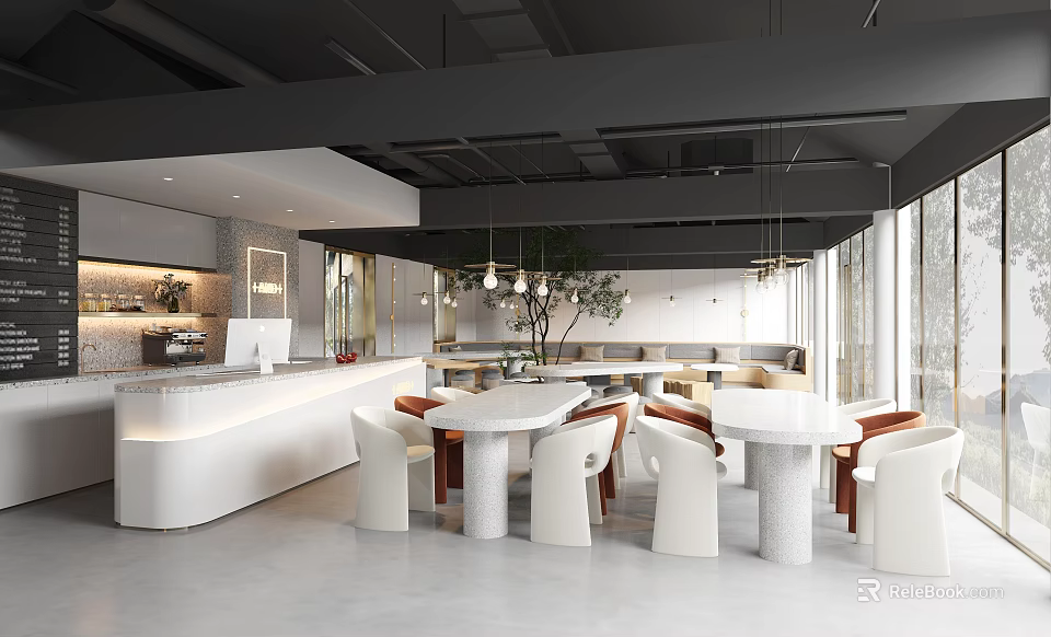 Modern Cafe Interior Design With White Bar Counter Round Tables Chairs And Pendant Lights 3d model 