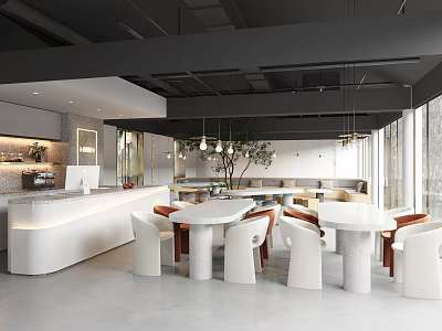 Modern Cafe Interior Design With White Bar Counter Round Tables Chairs And Pendant Lights 3d model