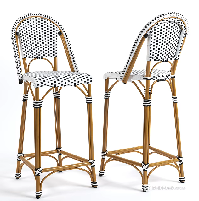 Elegant Rattan Bar Stools With Black White Polka Dot Seat And Golden Legs 3d model 