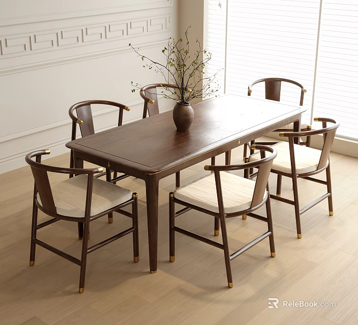 Classic Wooden Dining Table and Chairs Set With Vase Plants White Walls Blinds 3d model 