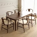 Classic Wooden Dining Table and Chairs Set With Vase Plants White Walls Blinds