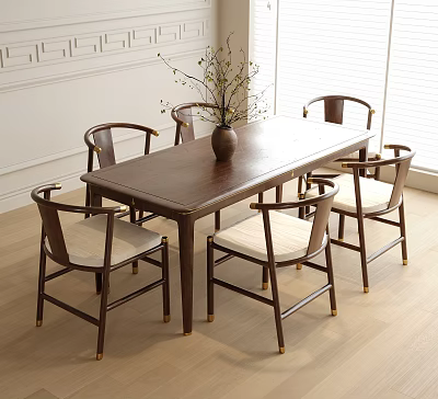 Classic Wooden Dining Table and Chairs Set With Vase Plants White Walls Blinds 3d model