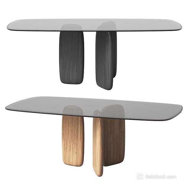 Modern Dining Table With Glass Top And Stylish Wooden Legs Design 3d model 