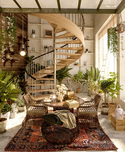 Cozy Lounge Room With Spiral Staircase Wicker Chairs Round Table And Lush Plants 3d model 