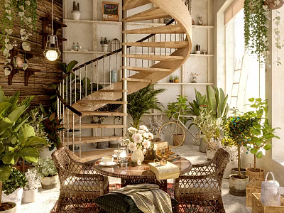 Cozy Lounge Room With Spiral Staircase Wicker Chairs Round Table And Lush Plants 3d model