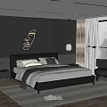 Modern Double Bed with Dark Background Wall Abstract Face Art Ambient Lighting and Gray Armchair