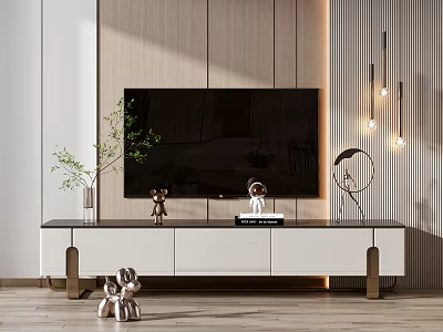 Modern TV Stand With Wall Mounted TV Decorative Figurines And Potted Plant 3d model