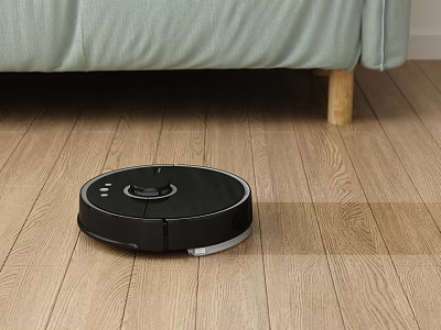 Automatic Robot Vacuum Cleaner Cleaning Wooden Floor In Living Room With Sofa 3d model