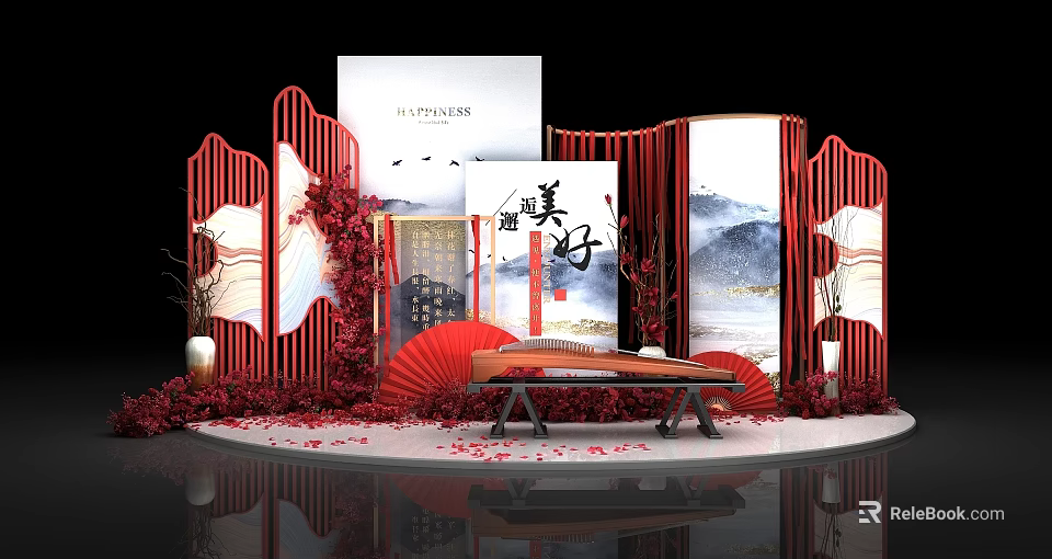 Chinese Style Photo Check In Spot With Red Screens Landscape Paintings Red Fans And Bench 3d model 