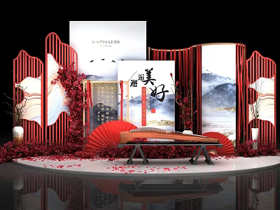 Chinese Style Photo Check In Spot With Red Screens Landscape Paintings Red Fans And Bench 3d model