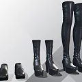 Black Leather Shoes Featuring Ankle Mid Calf Over Knee Boots With Platform Soles