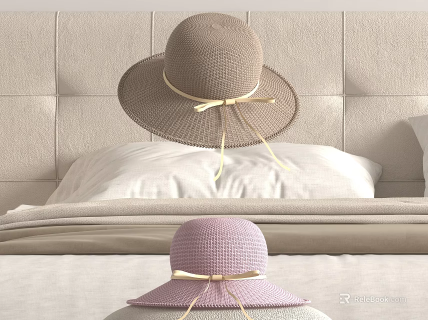 Stylish Hats With Bowknots On Bedroom Bed 3d model 