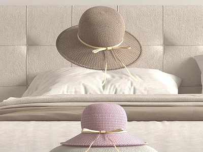 Stylish Hats With Bowknots On Bedroom Bed 3d model