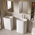 Modern Bathroom Interior With White Pedestal Sinks Backlit Mirrors Gray Walls And Decorative Plant