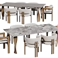 Modern Dining Table And Chair Set With Marble Tabletop Wooden Frame And White Cushions