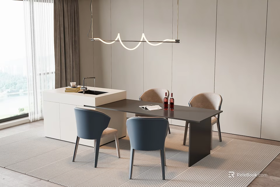 Modern Dining Table Set With Blue Chairs Black Table Hanging Light And White Cabinets 3d model