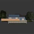 Cartoon Scene of a Blue House With Solar Panels Trees and Green Grass