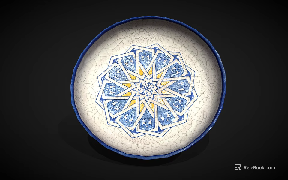 Round Ceramic Plate With Crackle Glaze And Blue Yellow Geometric Design 3d model 
