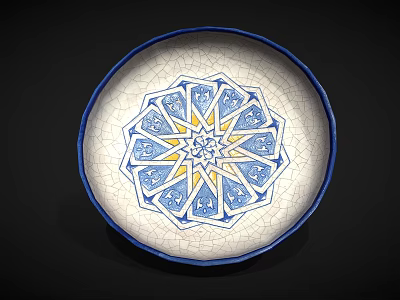 Round Ceramic Plate With Crackle Glaze And Blue Yellow Geometric Design 3d model