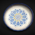 Round Ceramic Plate With Crackle Glaze And Blue Yellow Geometric Design