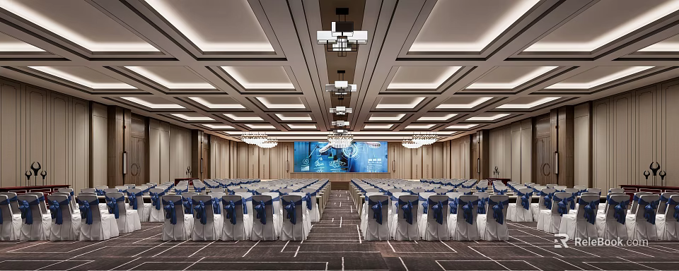 Spacious Modern Conference Room With Arranged Seats Large Screen And Chandeliers 3d model 